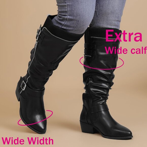 ⚡Women's Black Extra Wide Calf Knee High Boots Knee High Boots Low Stacked Heel - Picture 3 of 6